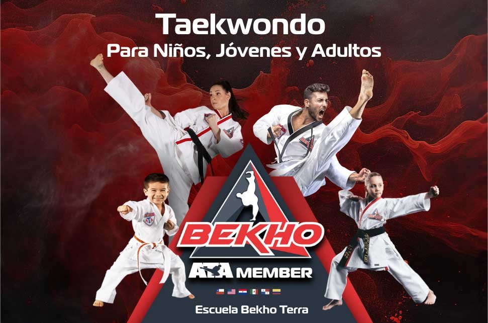 Niños, jóvenes y adultos practicando Taekwondo en la Escuela Bekho Terra en Espacio Terra, con enfoque en disciplina, respeto y desarrollo integral